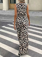 Sleeveless V-Neck Leopard Print Wide Leg Jumpsuit