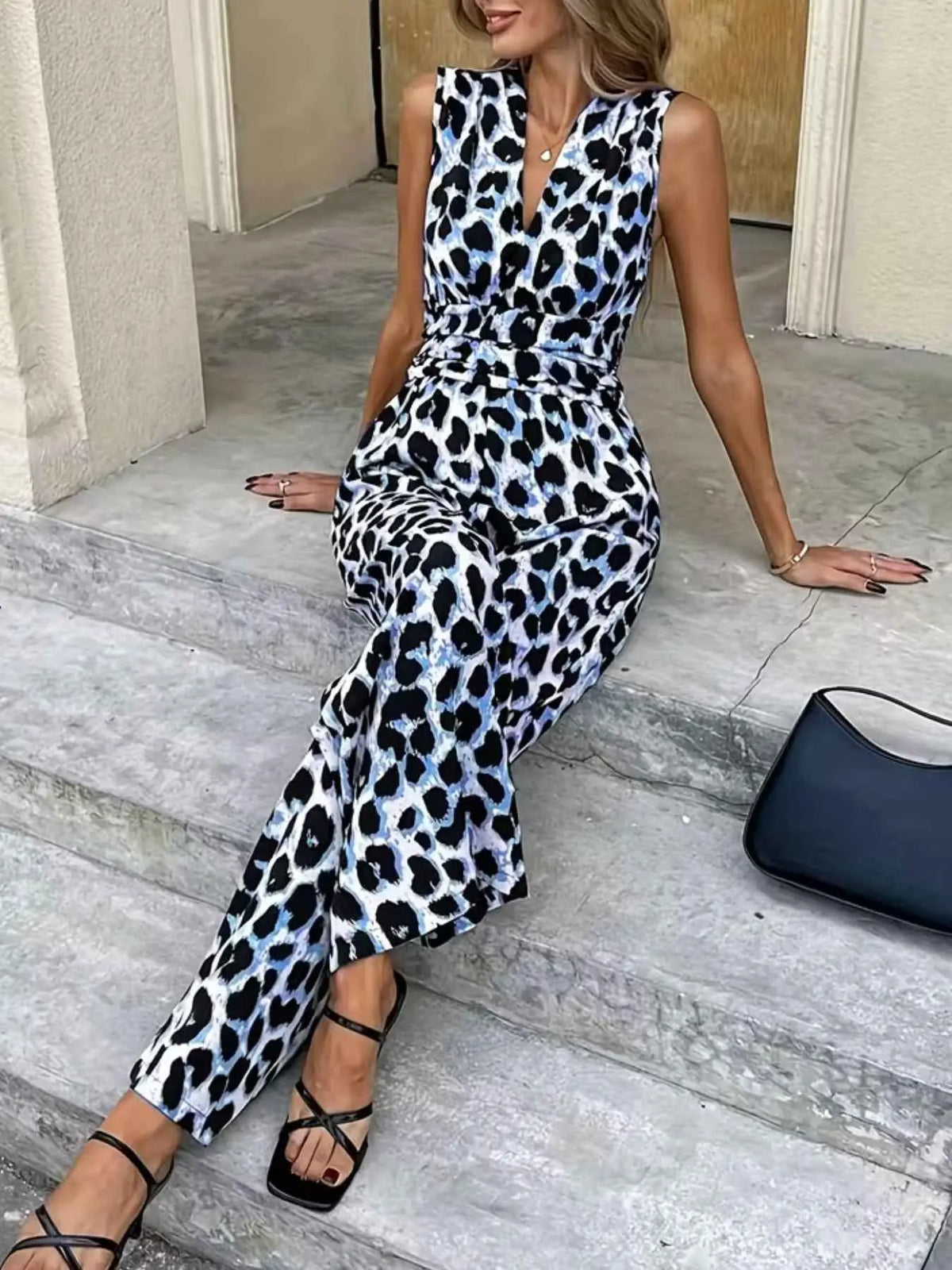 Sleeveless V-Neck Leopard Print Wide Leg Jumpsuit