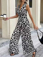 Sleeveless V-Neck Leopard Print Wide Leg Jumpsuit