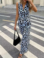 Sleeveless V-Neck Leopard Print Wide Leg Jumpsuit