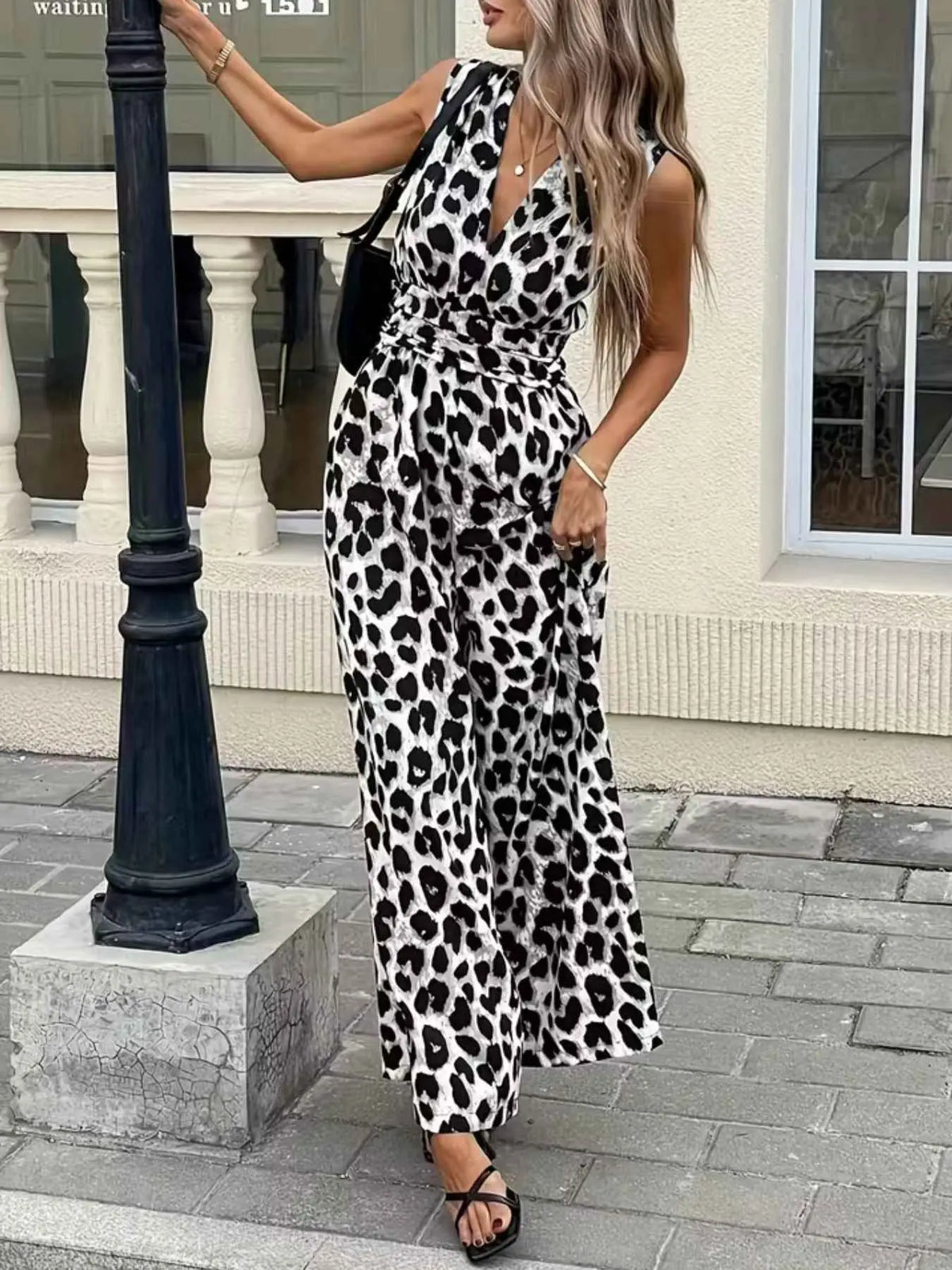 Sleeveless V-Neck Leopard Print Wide Leg Jumpsuit