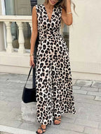 Sleeveless V-Neck Leopard Print Wide Leg Jumpsuit