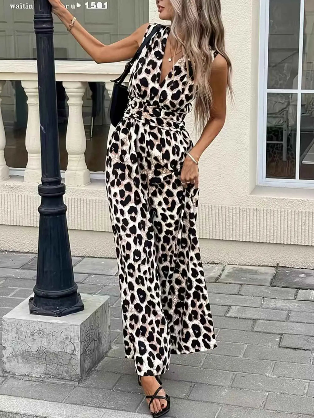 Sleeveless V-Neck Leopard Print Wide Leg Jumpsuit
