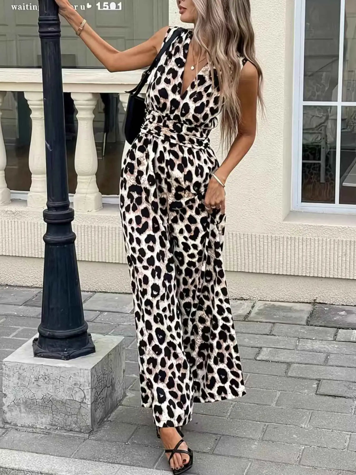 Sleeveless V-Neck Leopard Print Wide Leg Jumpsuit