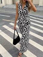 Sleeveless V-Neck Leopard Print Wide Leg Jumpsuit