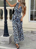 Sleeveless V-Neck Leopard Print Wide Leg Jumpsuit