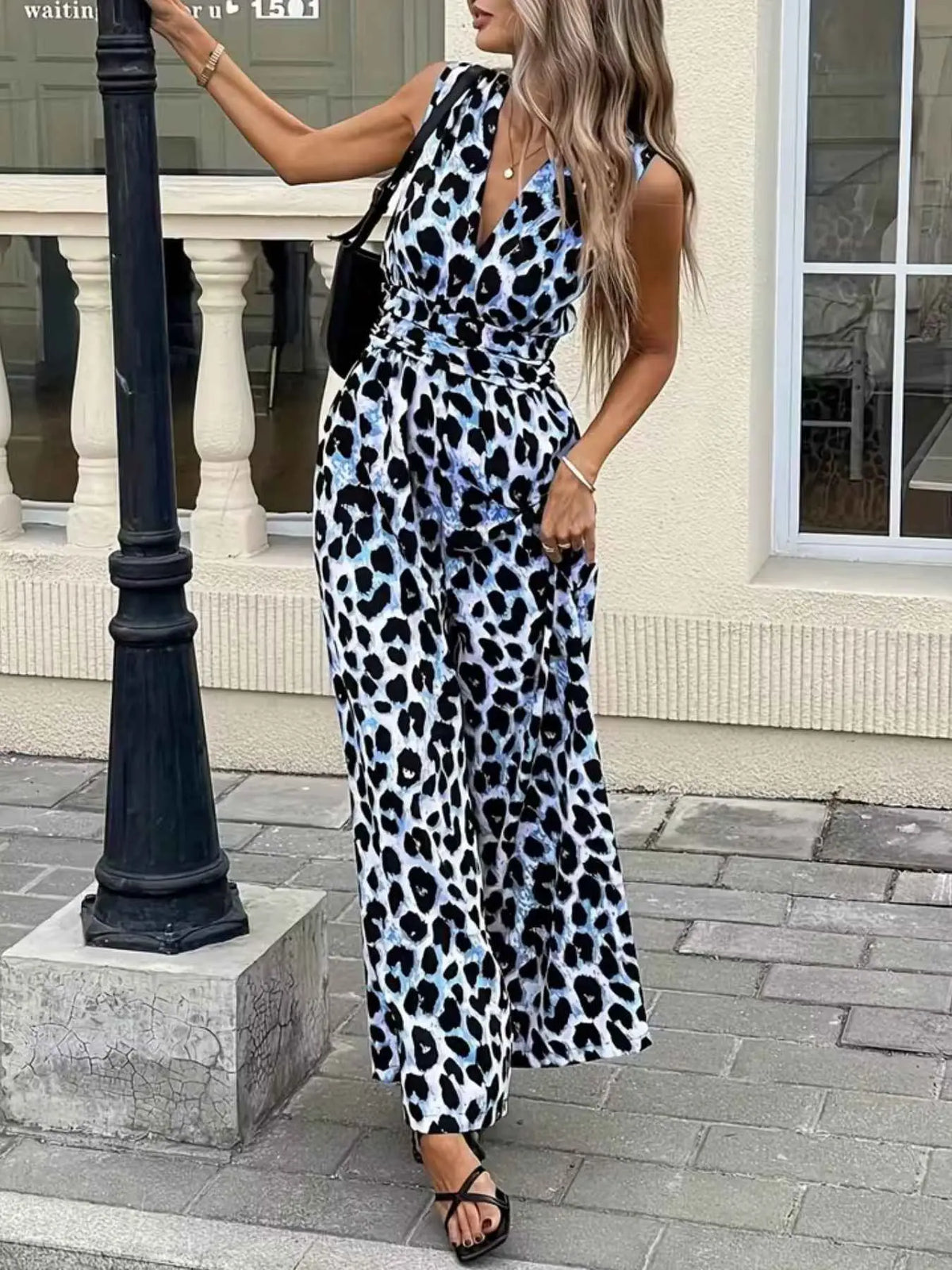 Sleeveless V-Neck Leopard Print Wide Leg Jumpsuit