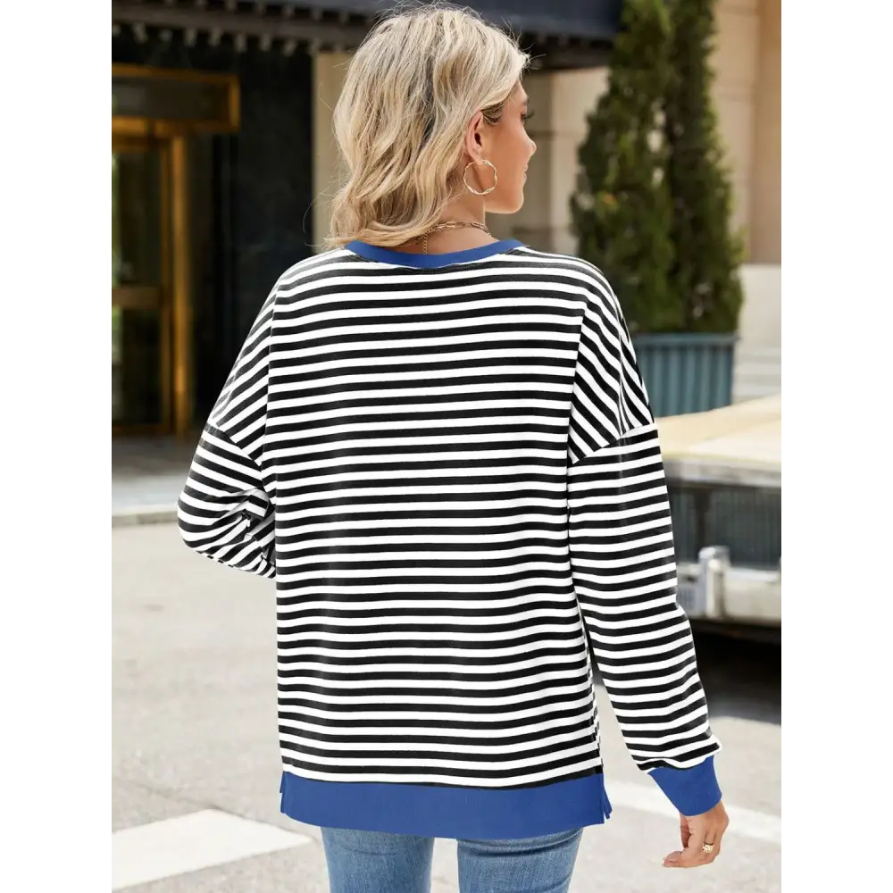 Chic slit striped round neck sweatshirt in luxury fashion for women $24.99 elegant slit design that creates a stunning