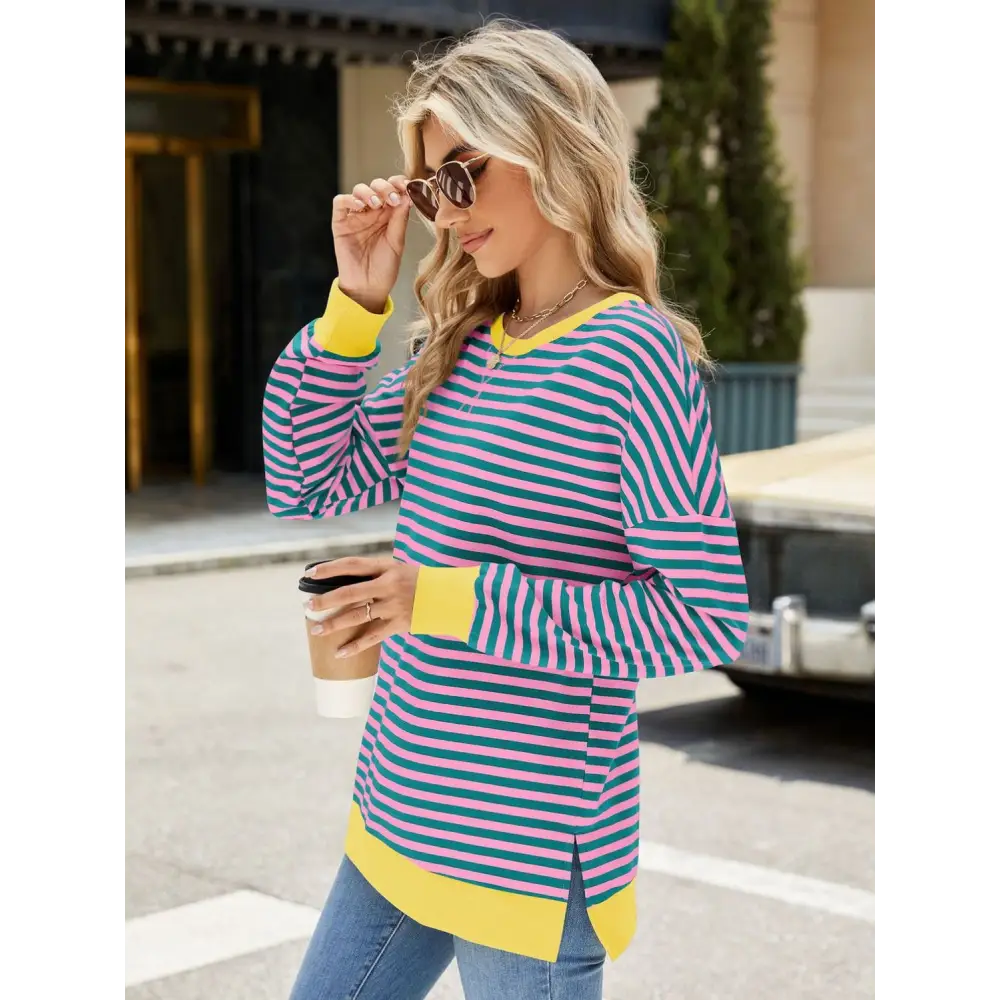 Chic slit striped round neck sweatshirt in luxury fashion for women $24.99 elegant slit design that creates a stunning