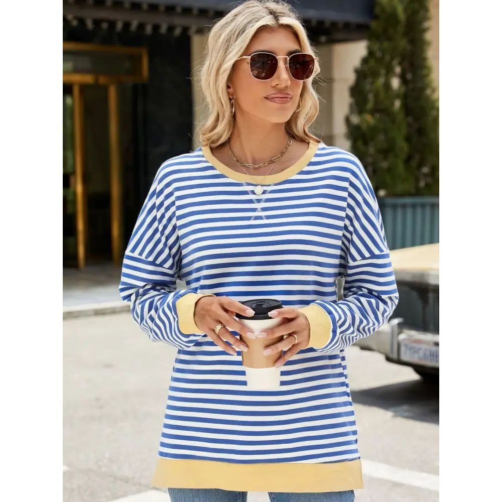 Chic slit striped round neck sweatshirt in luxury fashion for women $24.99 elegant slit design that creates a stunning