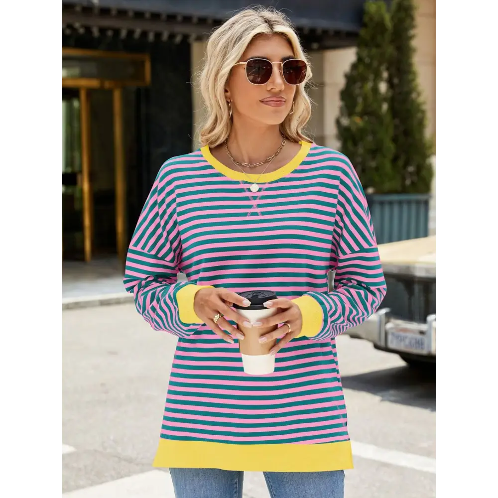 Chic slit striped round neck sweatshirt in luxury fashion for women $24.99 elegant slit design that creates a stunning