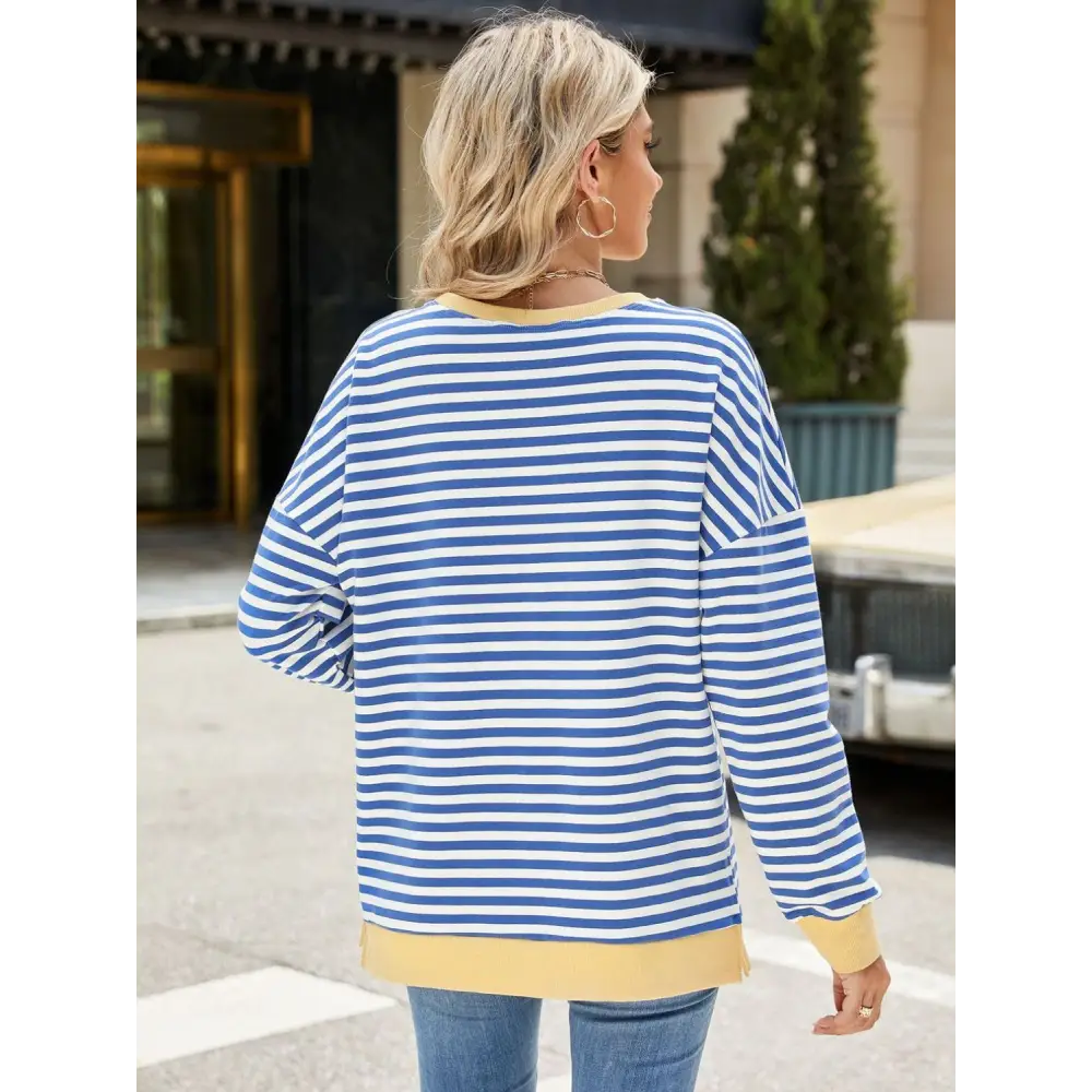 Chic slit striped round neck sweatshirt in luxury fashion for women $24.99 elegant slit design that creates a stunning