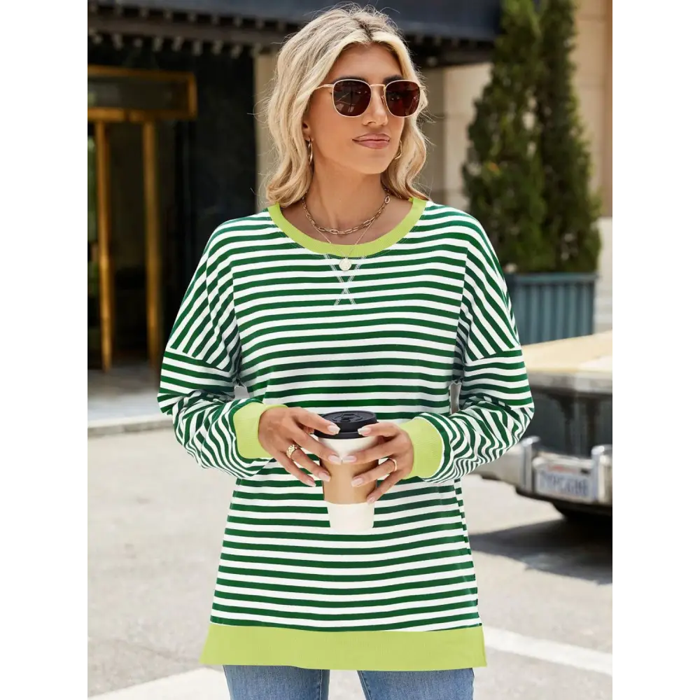 Chic slit striped round neck sweatshirt in luxury fashion for women $24.99 elegant slit design that creates a stunning