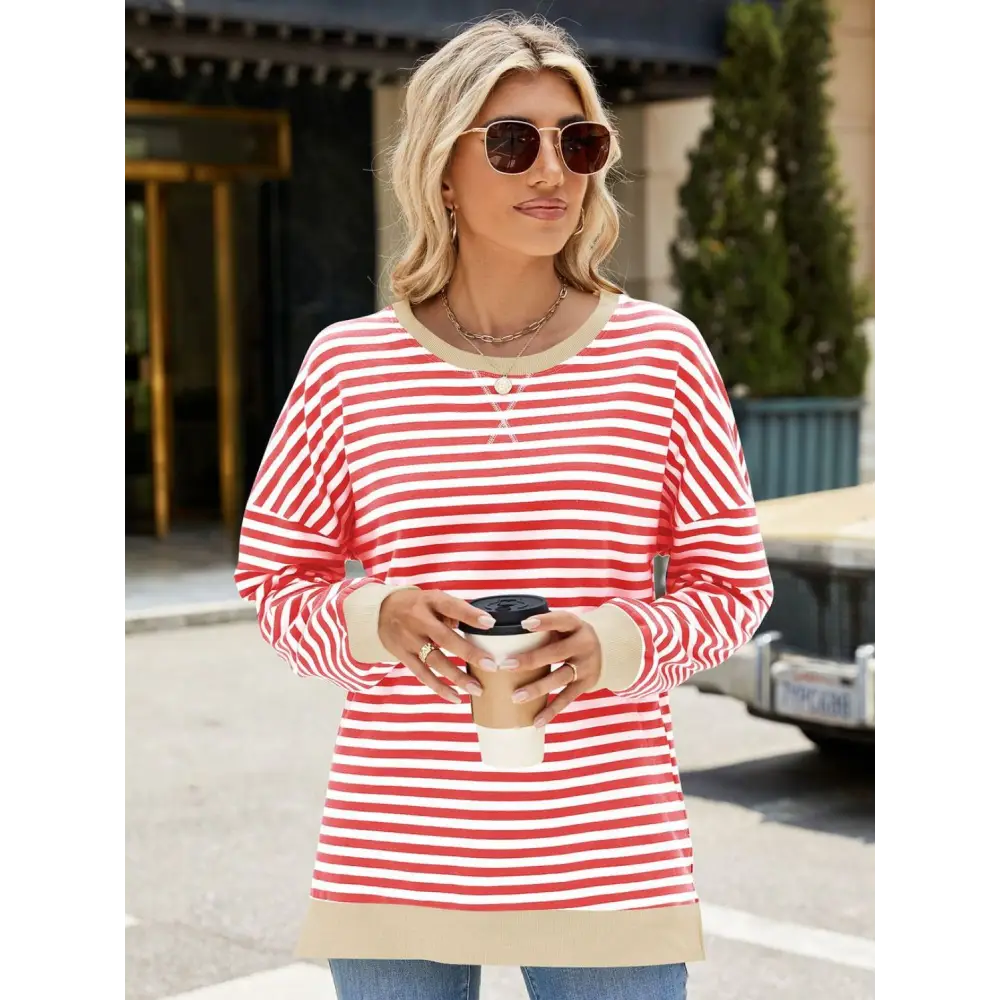 Chic slit striped round neck sweatshirt in luxury fashion for women $24.99 elegant slit design that creates a stunning