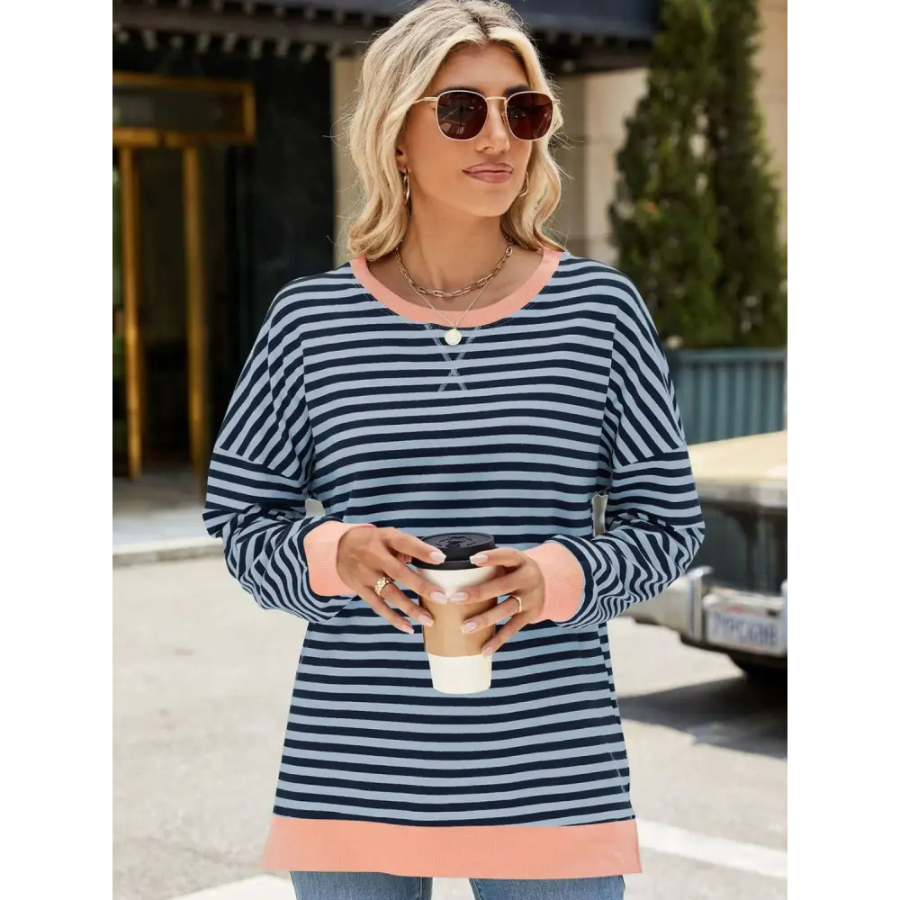 Chic slit striped round neck sweatshirt in luxury fashion for women $24.99 elegant slit design that creates a stunning