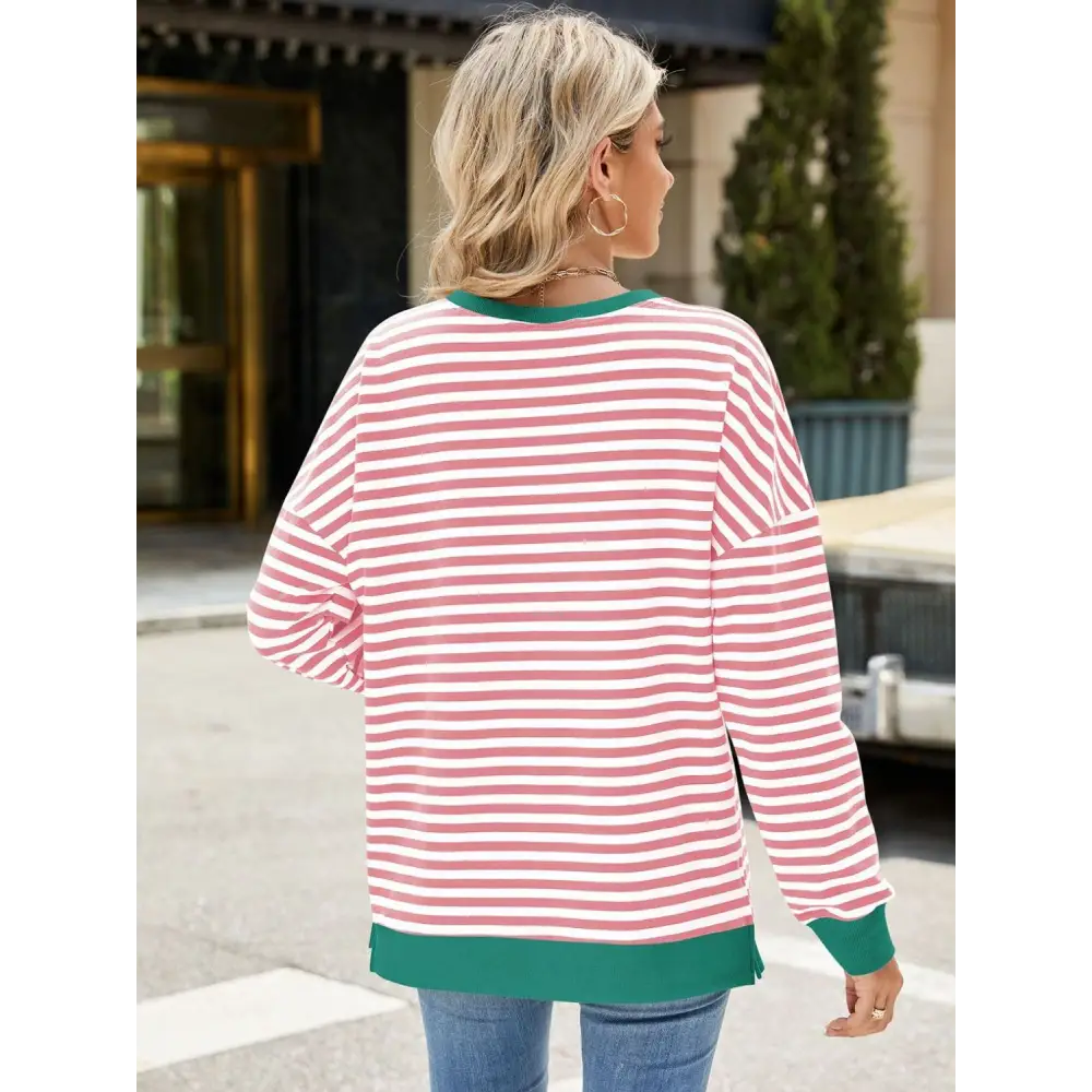 Chic slit striped round neck sweatshirt in luxury fashion for women $24.99 elegant slit design that creates a stunning