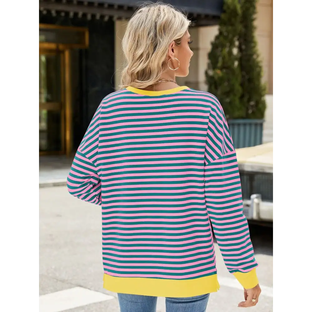 Chic slit striped round neck sweatshirt in luxury fashion for women $24.99 elegant slit design that creates a stunning