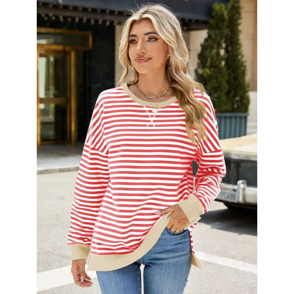 Chic slit striped round neck sweatshirt in luxury fashion for women $24.99 elegant slit design that creates a stunning