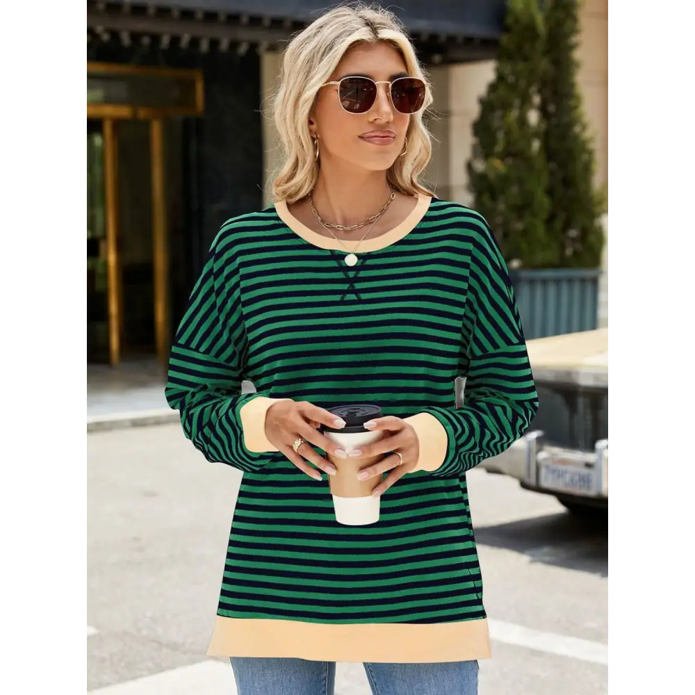 Chic slit striped round neck sweatshirt in luxury fashion for women $24.99 elegant slit design that creates a stunning