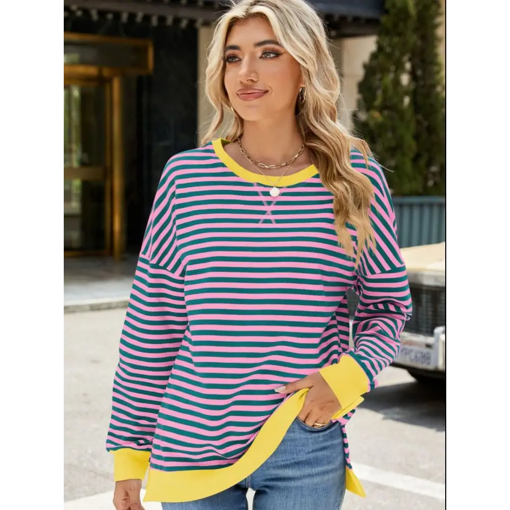 Chic slit striped round neck sweatshirt in luxury fashion for women $24.99 elegant slit design that creates a stunning