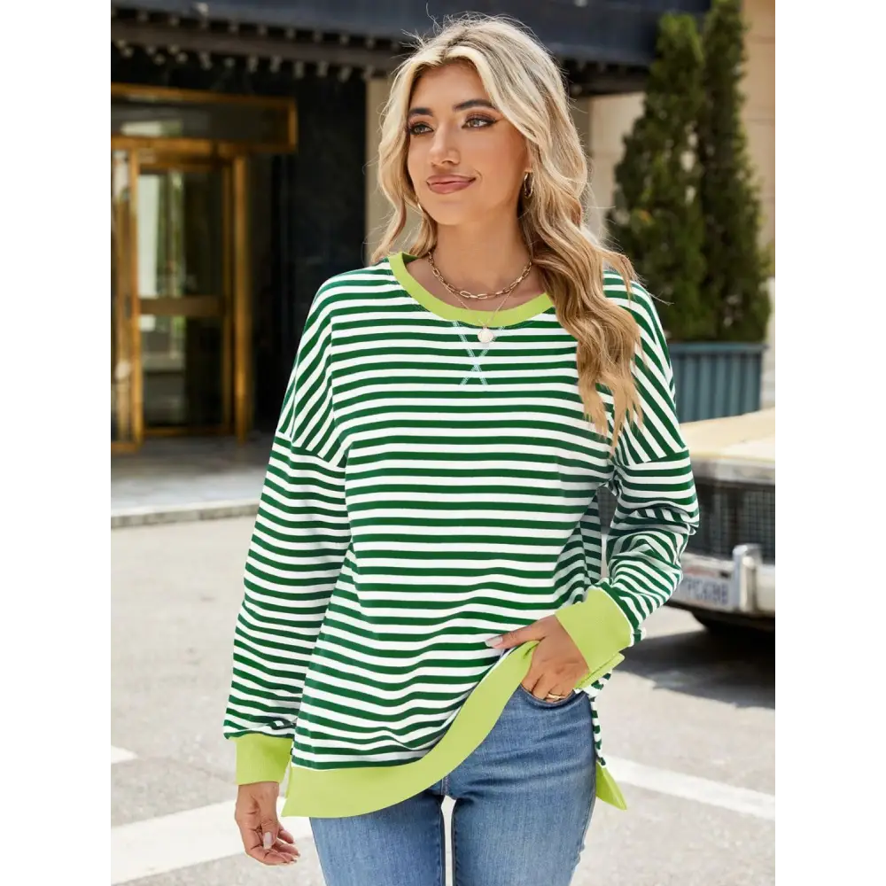 Chic slit striped round neck sweatshirt in luxury fashion for women $24.99 elegant slit design that creates a stunning