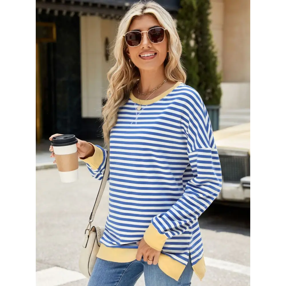 Chic slit striped round neck sweatshirt in luxury fashion for women $24.99 elegant slit design that creates a stunning