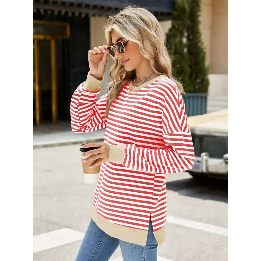 Chic slit striped round neck sweatshirt in luxury fashion for women $24.99 elegant slit design that creates a stunning