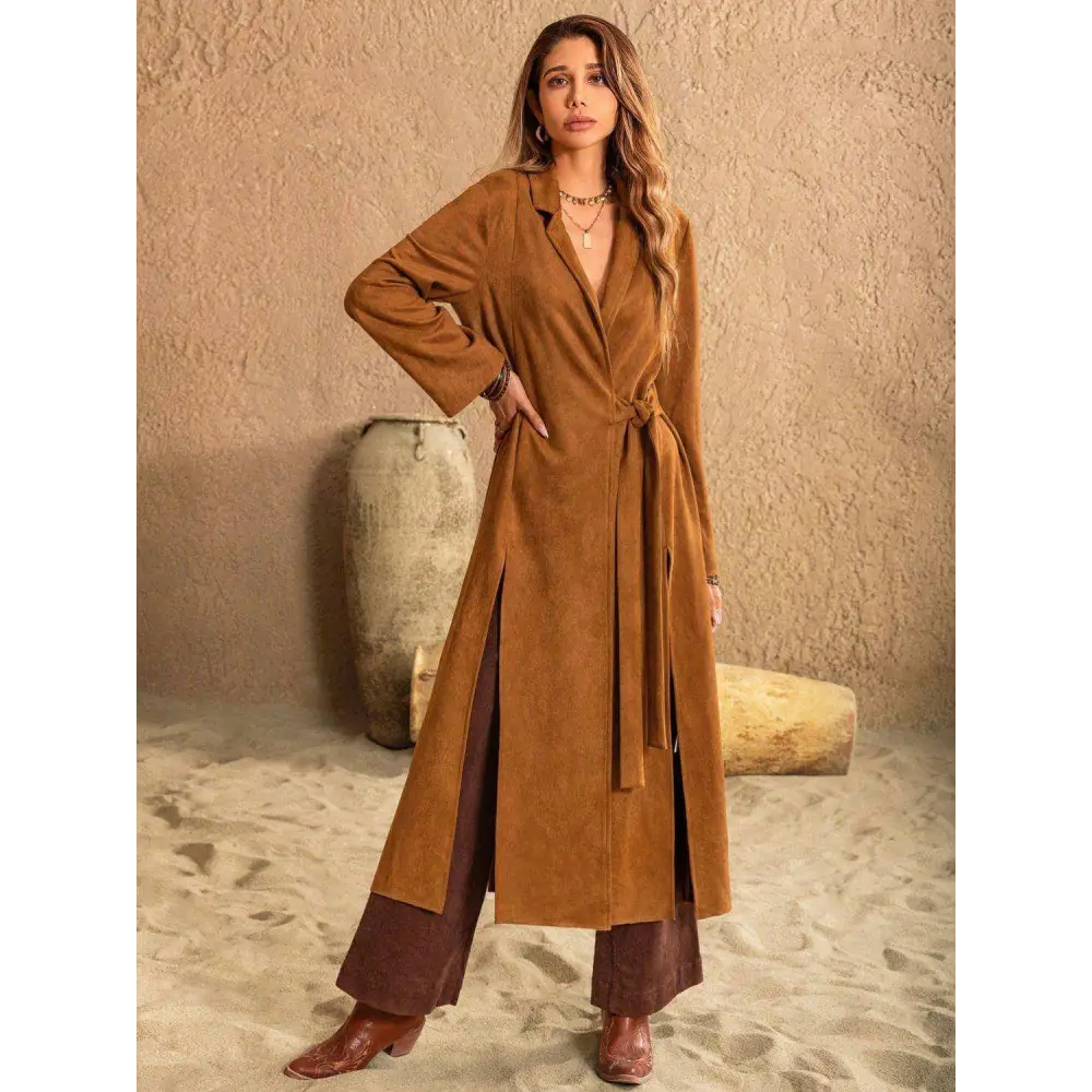 Elevate your wardrobe with the slit tied collared neck longline coat $69.38 tied, slit — unleash your inner