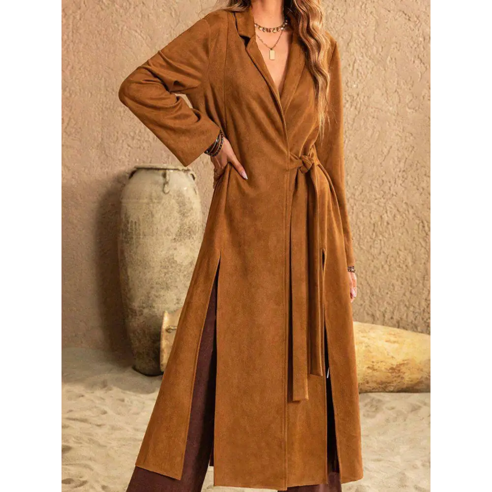 Elevate your wardrobe with the slit tied collared neck longline coat $69.38 tied, slit — unleash your inner