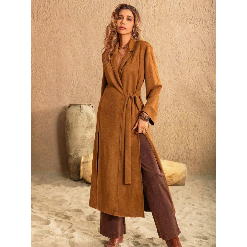 Elevate your wardrobe with the slit tied collared neck longline coat $69.38 tied, slit — unleash your inner