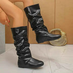 Slouchy Mid-Calf Boots in black PU leather with a ruched design, flat rubber soles, and mid-calf height for casual wear.