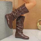 Slouchy Mid-Calf Boots in dark brown PU leather with a slouched design, flat rubber sole, and mid-calf height.