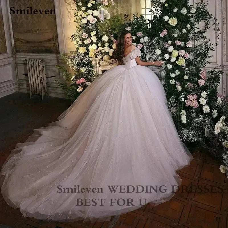 Smileven Princess Wedding Dress off-shoulder corset sweetheart neck ball gown with long glitter tulle train