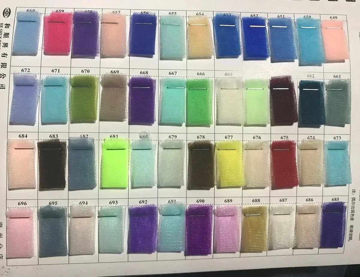 Smileven Princess Wedding Dress custom made color chart with various tulle fabric swatches in different shades pinned on paper