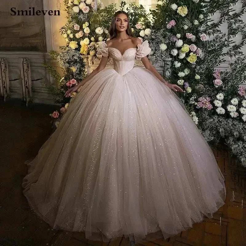 Smileven Princess Wedding Dress ivory glitter tulle ball gown with sweetheart neckline and puffed off shoulder sleeves
