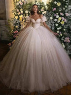 Smileven Princess Wedding Dress in light pink glitter tulle ball gown with sweetheart neckline and puff sleeves