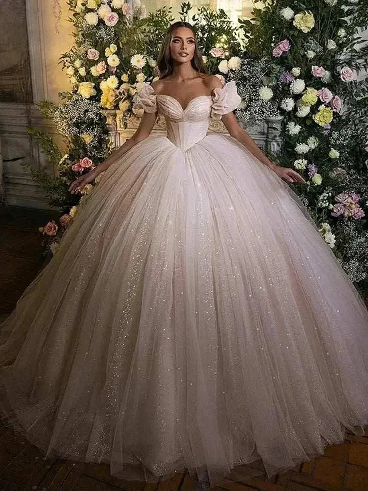 Smileven Princess Wedding Dress in light pink glitter tulle ball gown with sweetheart neckline and puff sleeves