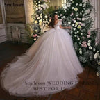 Smileven Princess Wedding Dress in white tulle with off the shoulder sleeves and long court train ball gown silhouette