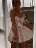 Smileven Short Wedding Dress A Line Sweetheart Neck Shiny Glitter Bride Dresses Mini Bows Strap Vestido de novia 2024 Customized