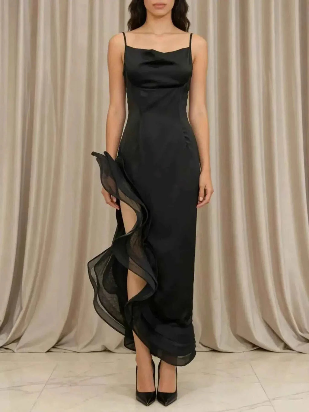 Spaghetti Strap Ruffle Slit Maxi Dress