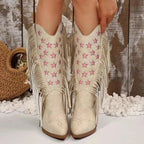 Star Fringe mid heel boots in beige suede with pink star embellishments and long side fringes, featuring a pointed toe design.