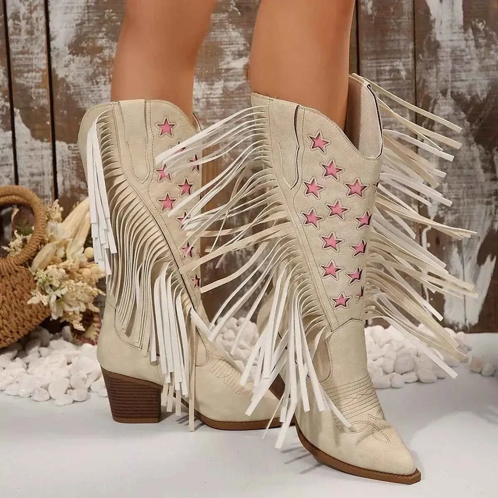 Star Fringe mid heel boots in beige suede with long fringes and pink star cutout details on the shaft