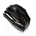 Steampunk Clockwork Crossbody Bag in black PU leather with gold-tone studs and zipper closures, featuring multiple compartments.