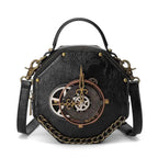 Mini black PU leather Steampunk Clockwork Crossbody Bag with octagonal shape, clock gear design, and chain strap detail.