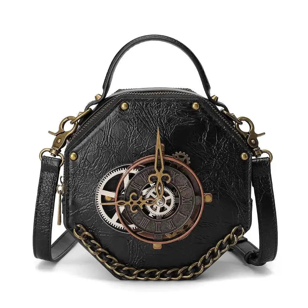 Mini black PU leather Steampunk Clockwork Crossbody Bag with octagonal shape, clock gear design, and chain strap detail.