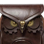 Steampunk Owl Design mini crossbody bag in dark brown PU leather with gear eye details and metallic bird skull clasp