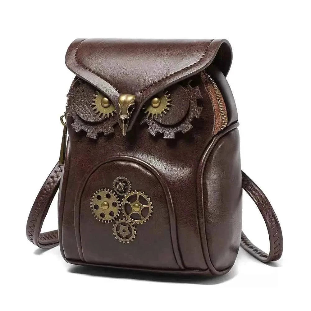 Mini dark brown PU leather crossbody bag with brass gears and bird skull accents in a Steampunk Owl Design pattern