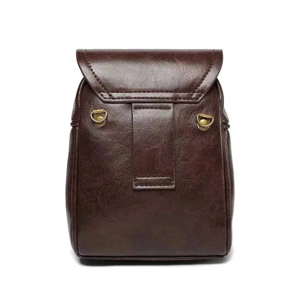 Mini crossbody bag in dark brown PU leather with a smooth finish and subtle stitching, featuring Steampunk Owl Design accents.