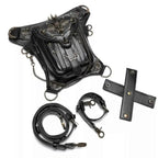 Small black PU leather crossbody bag with decorative studs, spikes, chains, and intricate metal emblem accents featuring Steampunk Skull Decor style.