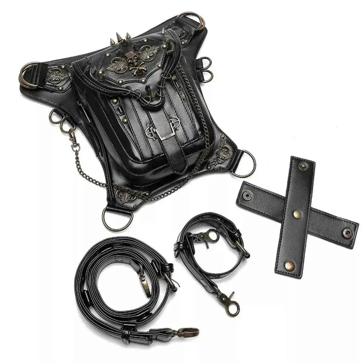 Small black PU leather crossbody bag with decorative studs, spikes, chains, and intricate metal emblem accents featuring Steampunk Skull Decor style.